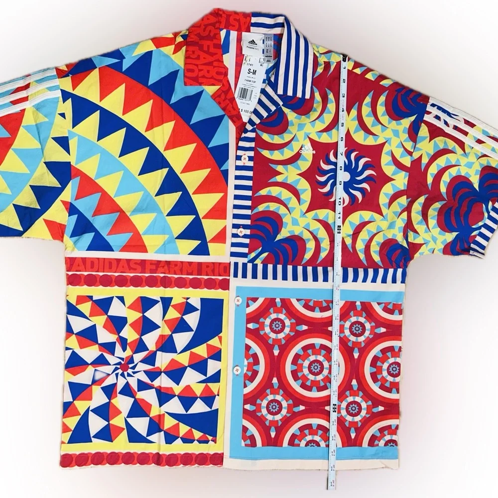 NWT Farm Rio/Adidas collab SZ S/M red/blue/yellow button front collared shirt. - Picture 8 of 10